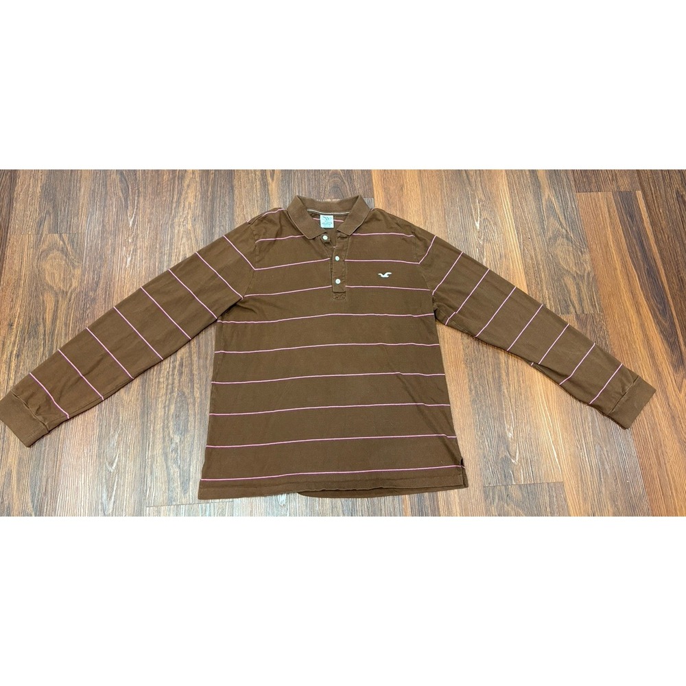 Vintage Hollister Mens Y2K Long Sleeve Polo T Shirt XXL Brown Pink Stripe Cotton